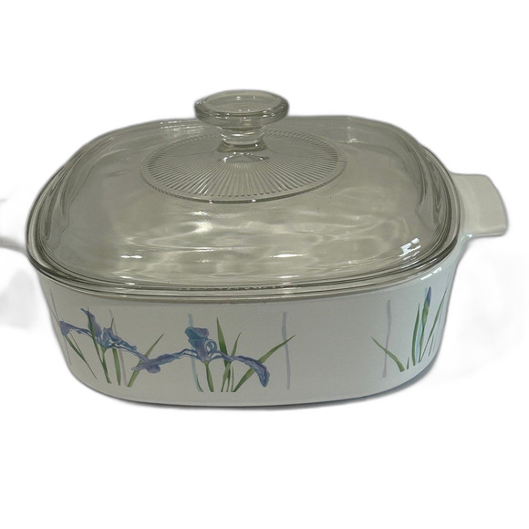 Corning Ware Casserole Dish Shadow Iris Pattern 2.0 liter White Purple Green USA - Picture 12 of 12